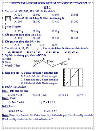 64 đề kiểm tra giữa kì 1 toán lớp 3