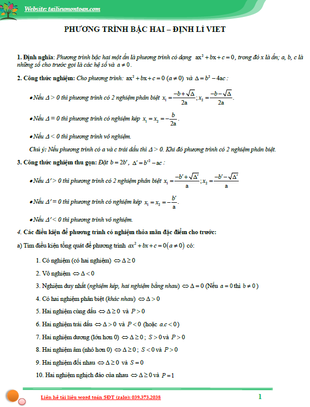 Chuyên đề phương trình bậc hai và hệ thức Vi -et