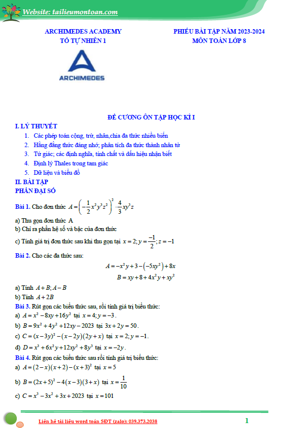 Đề cương học kì 1 môn toán lớp 8 năm học 2023-2024